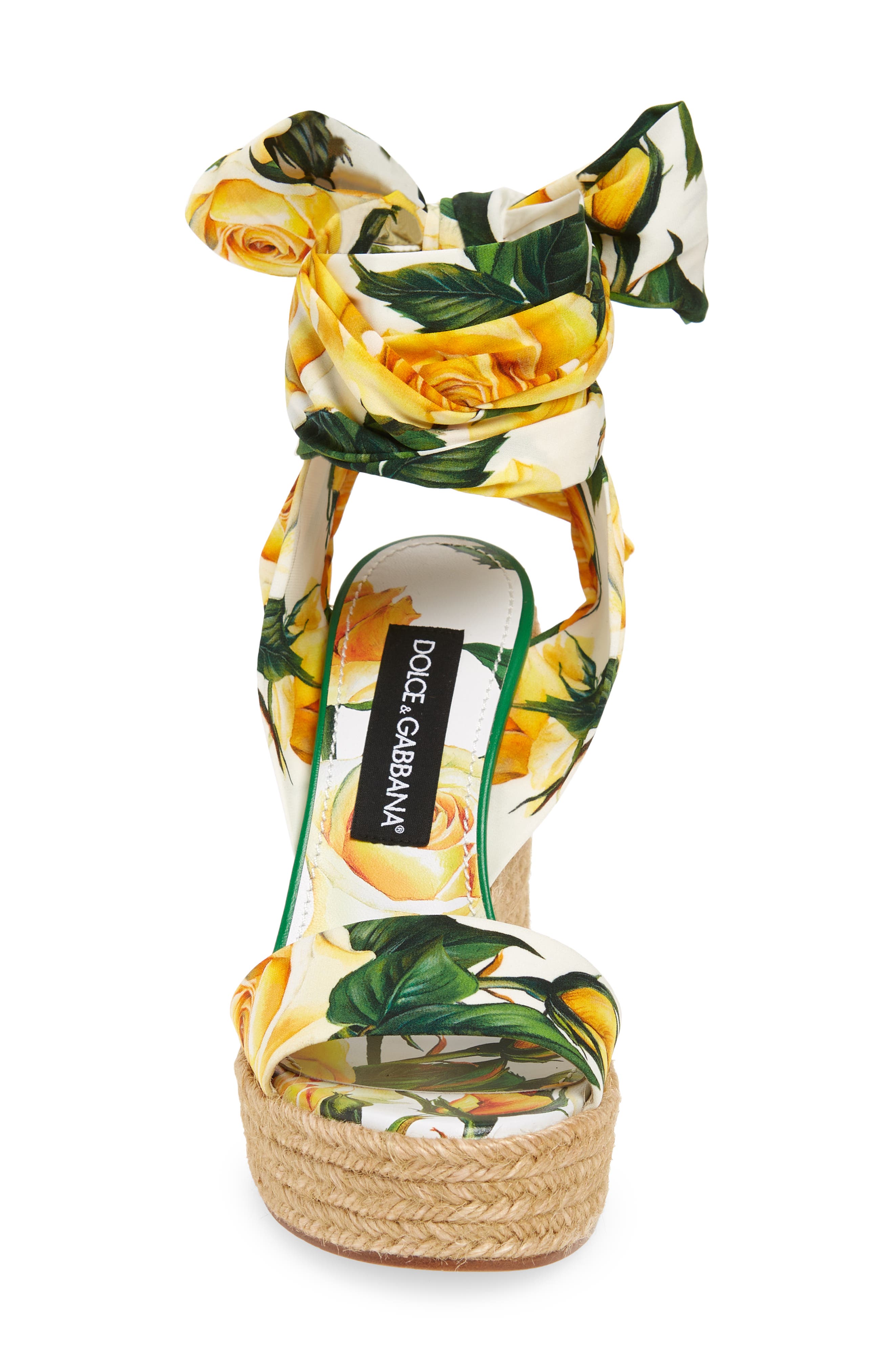 Dolce&Gabbana Floral Print Ankle Tie Wedge Sandal, Alternate, color, Yellow Multi