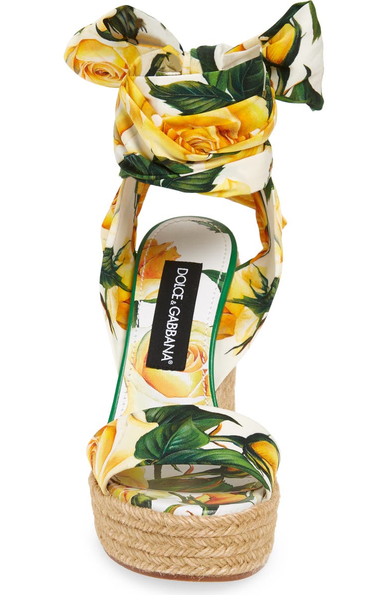 Dolce&Gabbana Floral Print Ankle Tie Wedge Sandal, Alternate, color, Yellow Multi