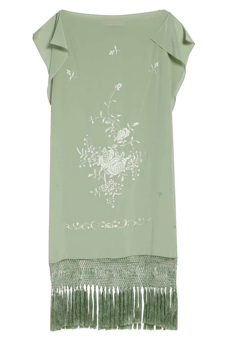 Piano Shawl Floral Embroidered Fringe Silk Minidress, Alternate, color, GREEN
