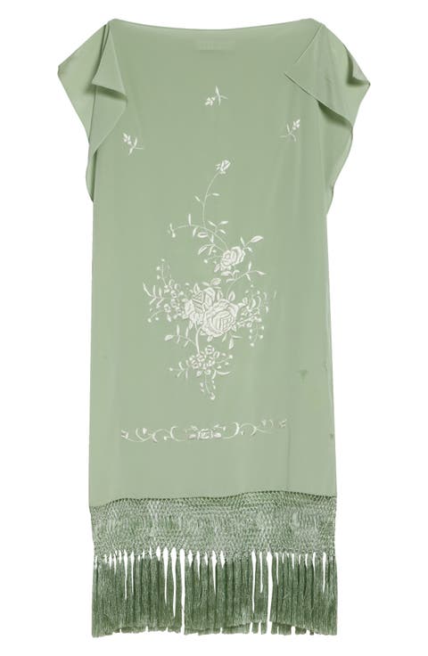 Piano Shawl Floral Embroidered Fringe Silk Minidress