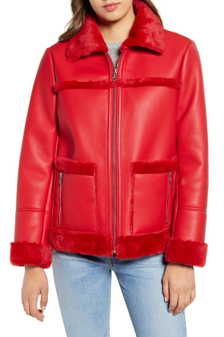 Faux Fur Trim Faux Leather Jacket, Alternate, color, RED