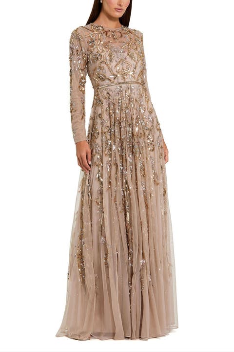 関税送料込【MAC DUGGAL】ロング ドレス メタリック ブラウン Gold Multicolor Faux Wrap Long Sleeve Tea Length Dress - Mac