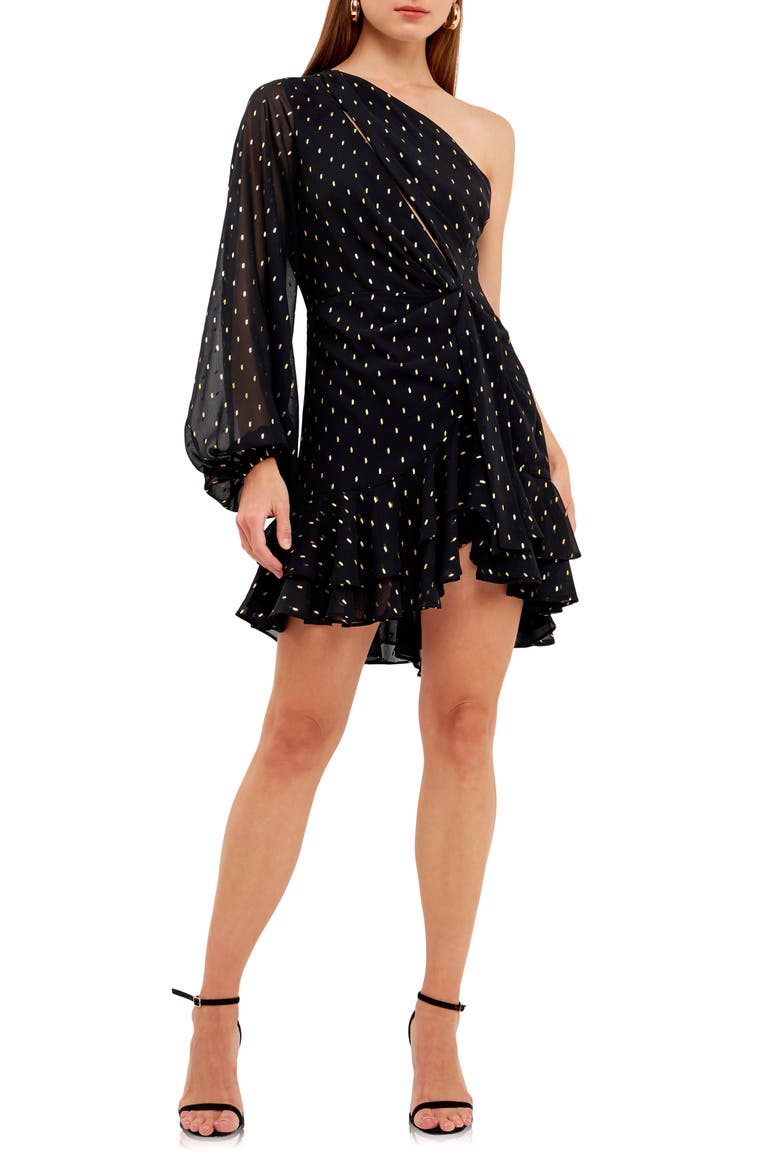 One-Shoulder Chiffon Minidress, Main, color, BLACK