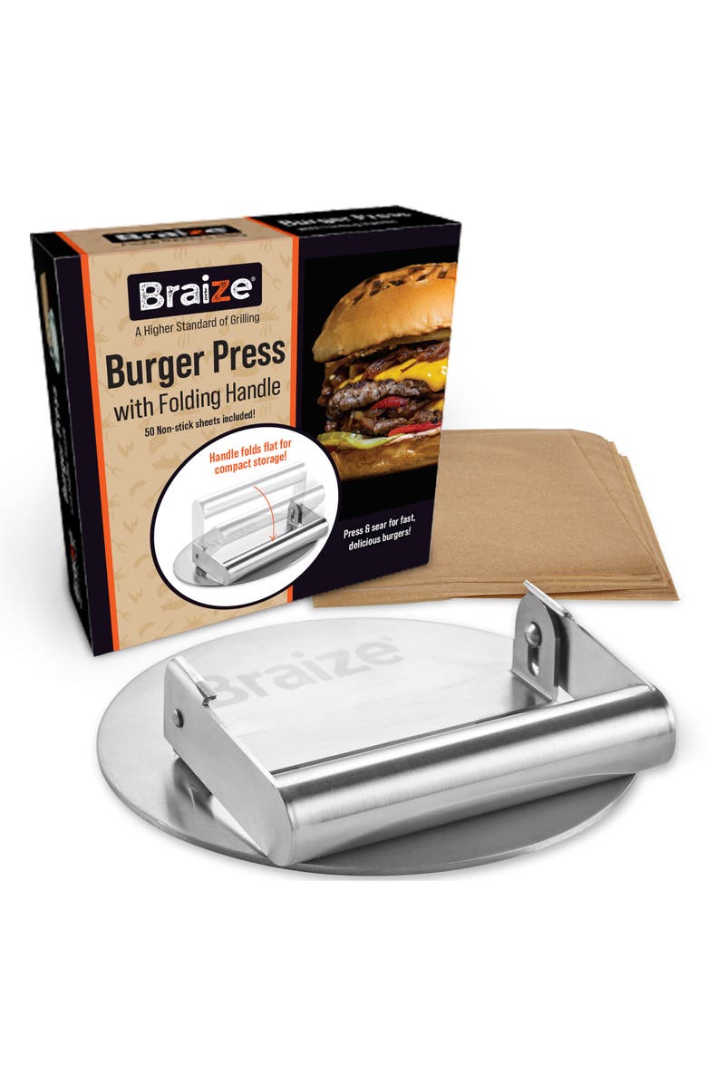 Braize Folding Handle Burger Press, Main, color, Silver
