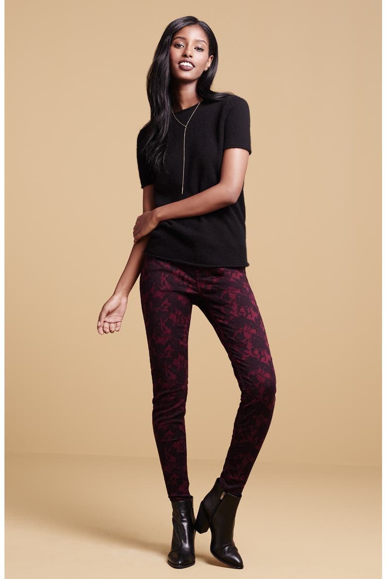 Jen7 Floral Jacquard Skinny Pants, Alternate, color, CHARCOAL NIGHTFALL FLORAL