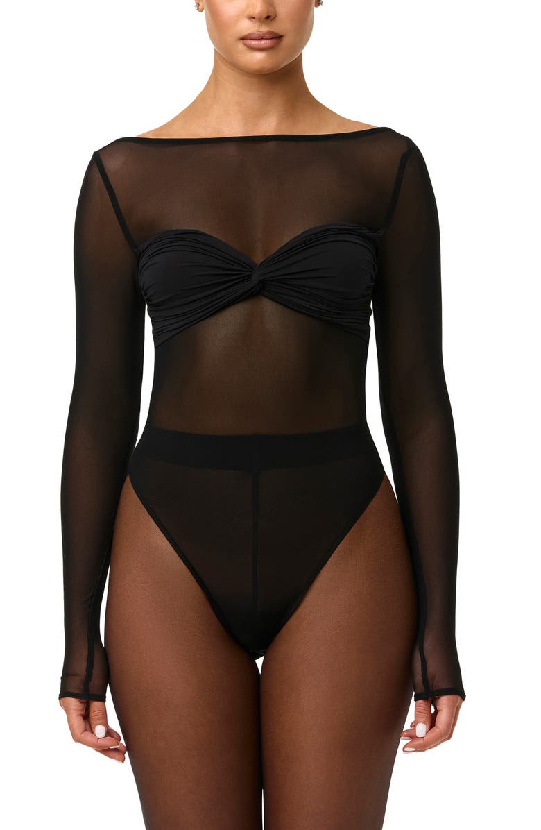 Naked Wardrobe Long Sleeve Mesh Bodysuit, Alternate, color, Black