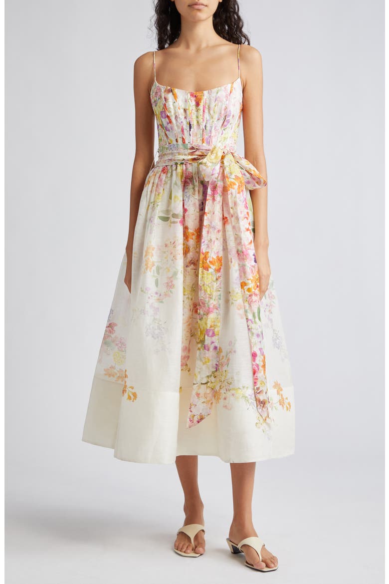 Natura Floral Linen & Silk Organza Corset Midi Dress, Main, color, KALEIDOSCOPE GARDEN