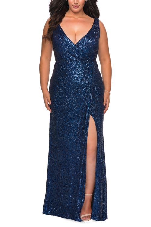 La Femme Sequin Plus Size Gown With Ruching And V-neck In Navy