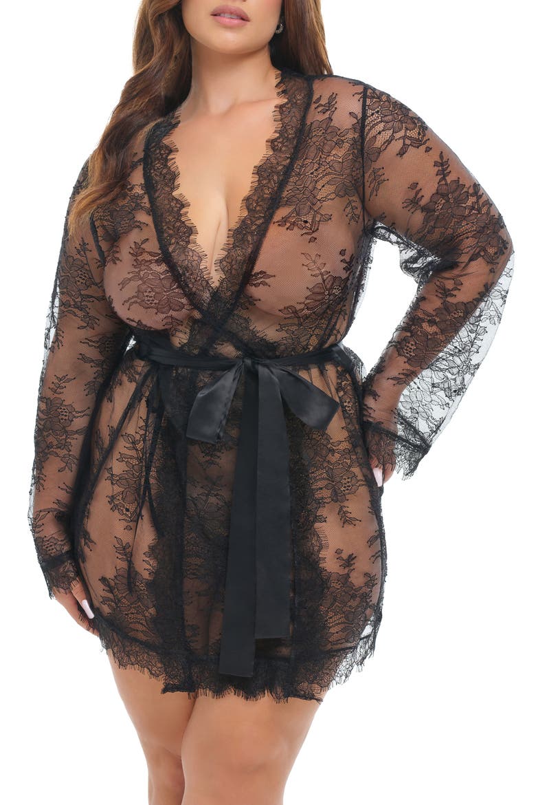 Amoré Lace Satin Bow Robe, Main, color, BLACK