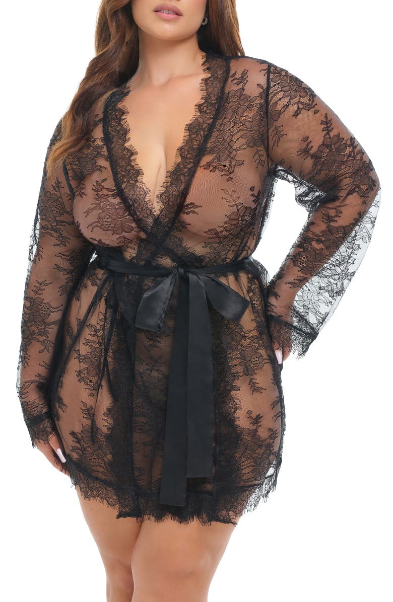 Oh La La Cheri Amoré Lace Satin Bow Robe, Main, color, Black