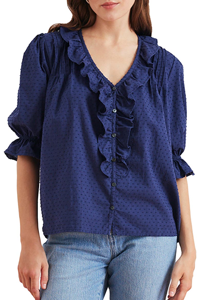 Chloe Swiss Dot Ruffle Shirt, Main, color, Navy