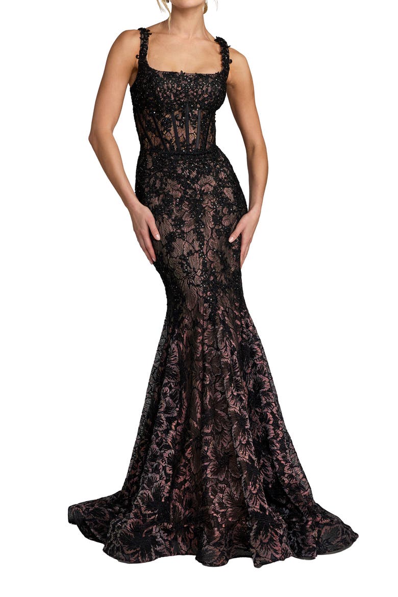Embellished Mesh Sleeveless Trumpet Gown, Main, color, Black