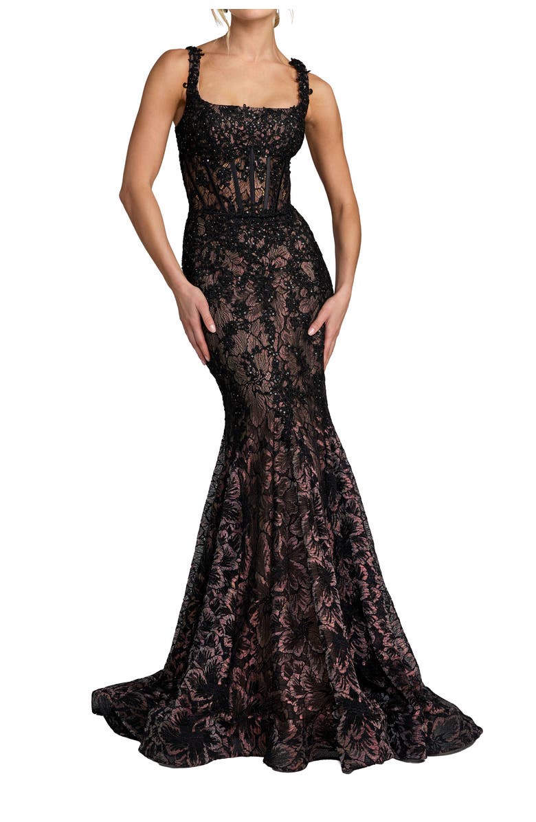 Mac Duggal Embellished Mesh Sleeveless Trumpet Gown, Main, color, Black