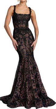 Mac Duggal Embellished Mesh Sleeveless Trumpet Gown