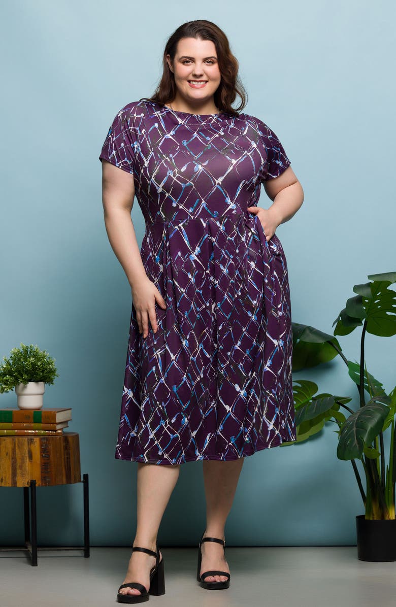 24seven Comfort Apparel Short Sleeve Fit & Flare Midi Dress, Alternate, color, Purple Multi