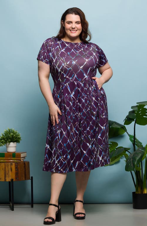 24seven Comfort Apparel Plus Size Print Short Sleeve Pleated Flare Midi Pocket Dress In Purple