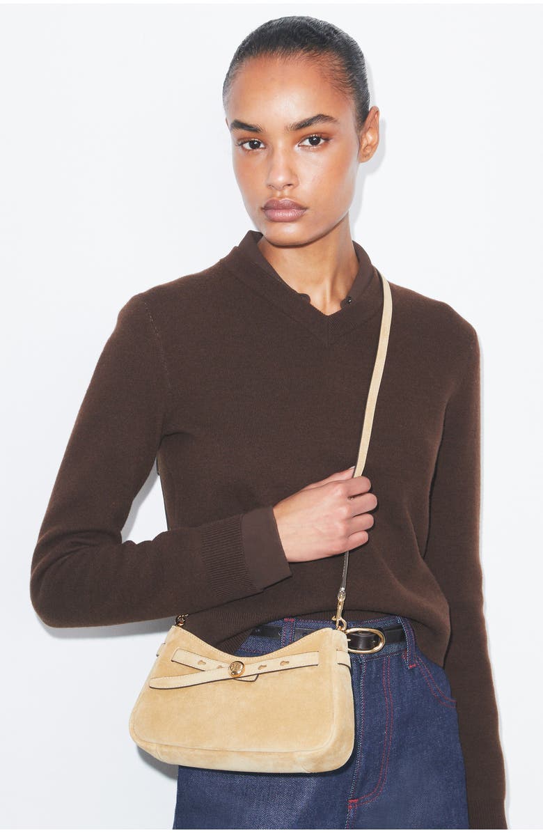 Tory Burch Romy Zip Top Suede Crossbody Bag, Alternate, color, Butter