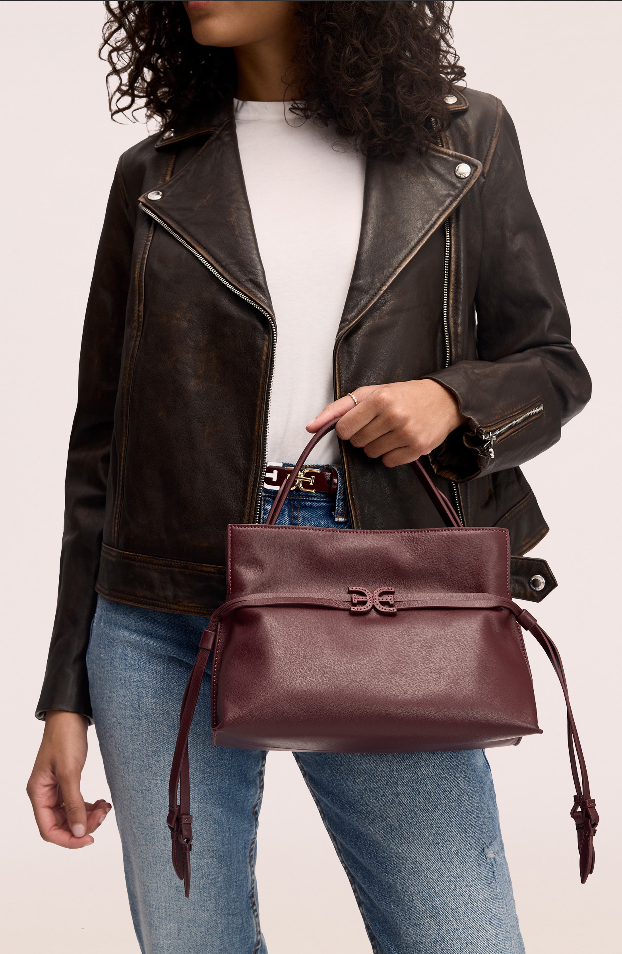 Sam Edelman Small Poppy Drawstring Leather Crossbody Bag, Alternate, color, Bordeaux