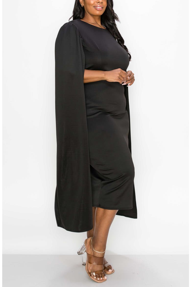 Naomi Cape Sleeve Midi Dress, Alternate, color, BLACK