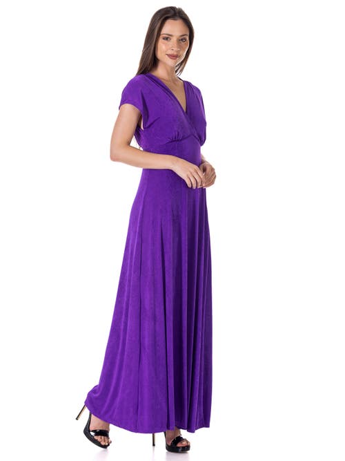 24seven Comfort Apparel Womens Flutter Sleeve Metallic Knit Maxi Dress Front Slit Empire Waist In Purple