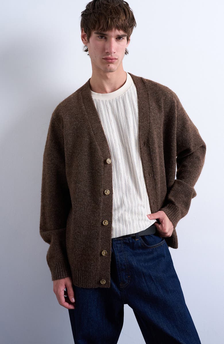 Topman Oversize V-Neck Cardigan, Main, color, Brown