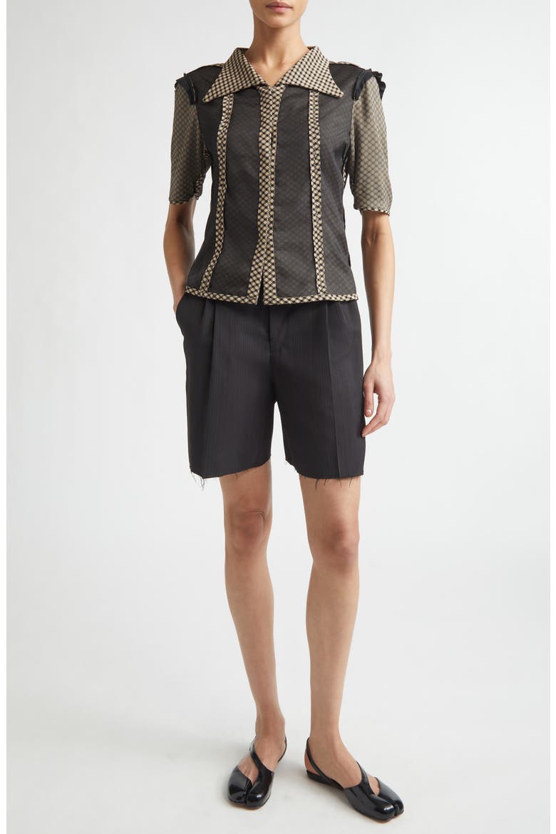 Jacquard Silk Organza Mixed Media Short Sleeve Button-Up Shirt, Alternate, color, BEIGE/ BLACK