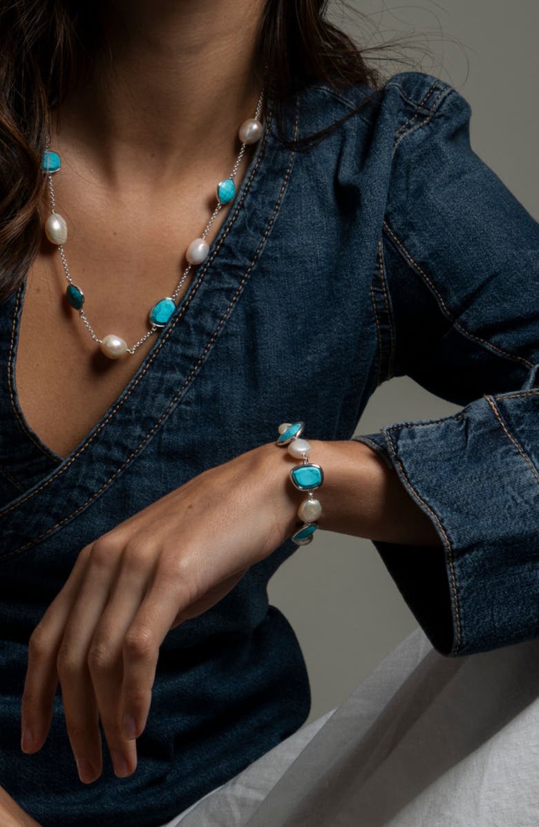 Dower & Hall Turquoise Gemstone & Baroque Pearl Pebble Necklace, Alternate, color, Sterling Silver