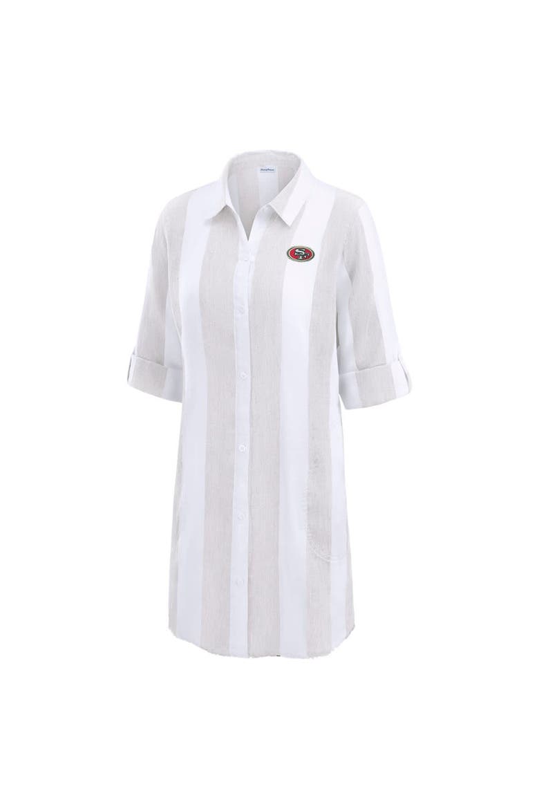 Women's Tommy Bahama  Khaki/White San Francisco 49ers Rugby Beach Stripe Button-Up Tunic, Alternate, color, Khaki