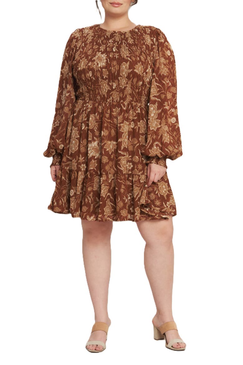 Smocked Long Sleeve Fit & Flare Dress, Main, color, BROWN