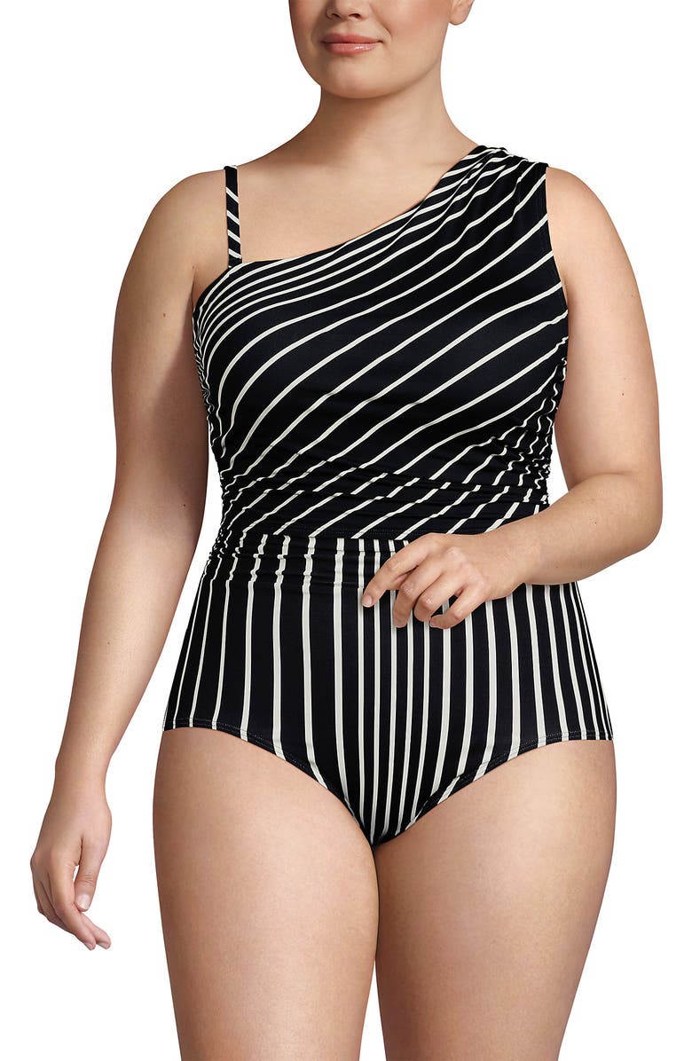 Lands' End Plus Size Ruched One Shoulder Midkini Top, Alternate, color, Black/Egret Variegated Stripe