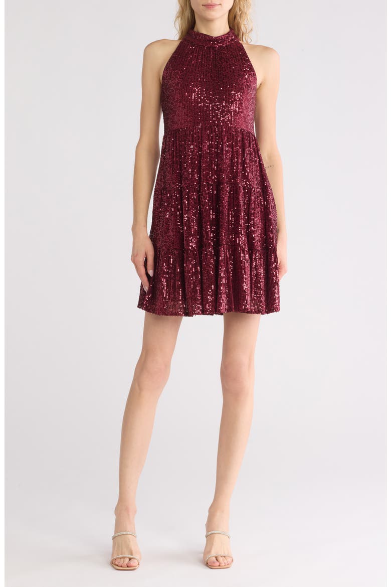 Sequin Halter Tiered Dress, Main, color, WINE