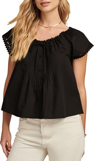 Eyelet Trim Pintuck Button-Up Top
