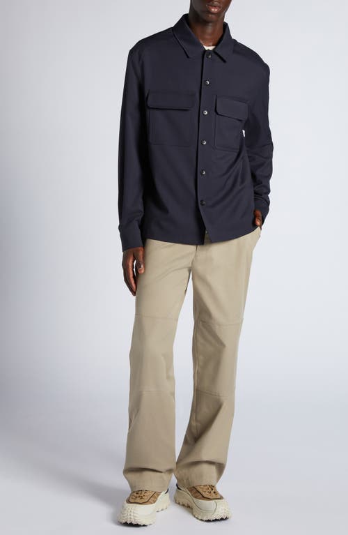 Moncler Stretch Virgin Wool Blend Overshirt In Deep Indigo