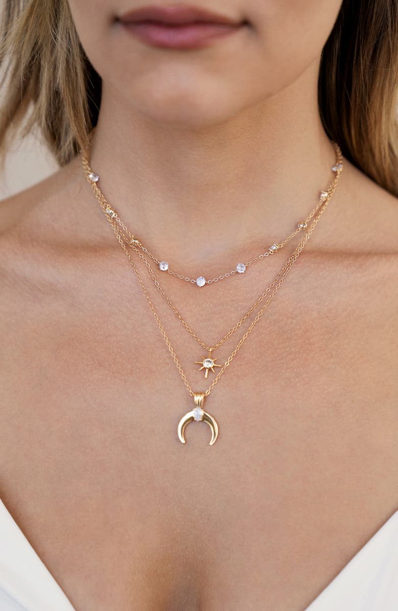 Ettika Crystal Horn Triple Chain Necklace, Alternate, color, Gold