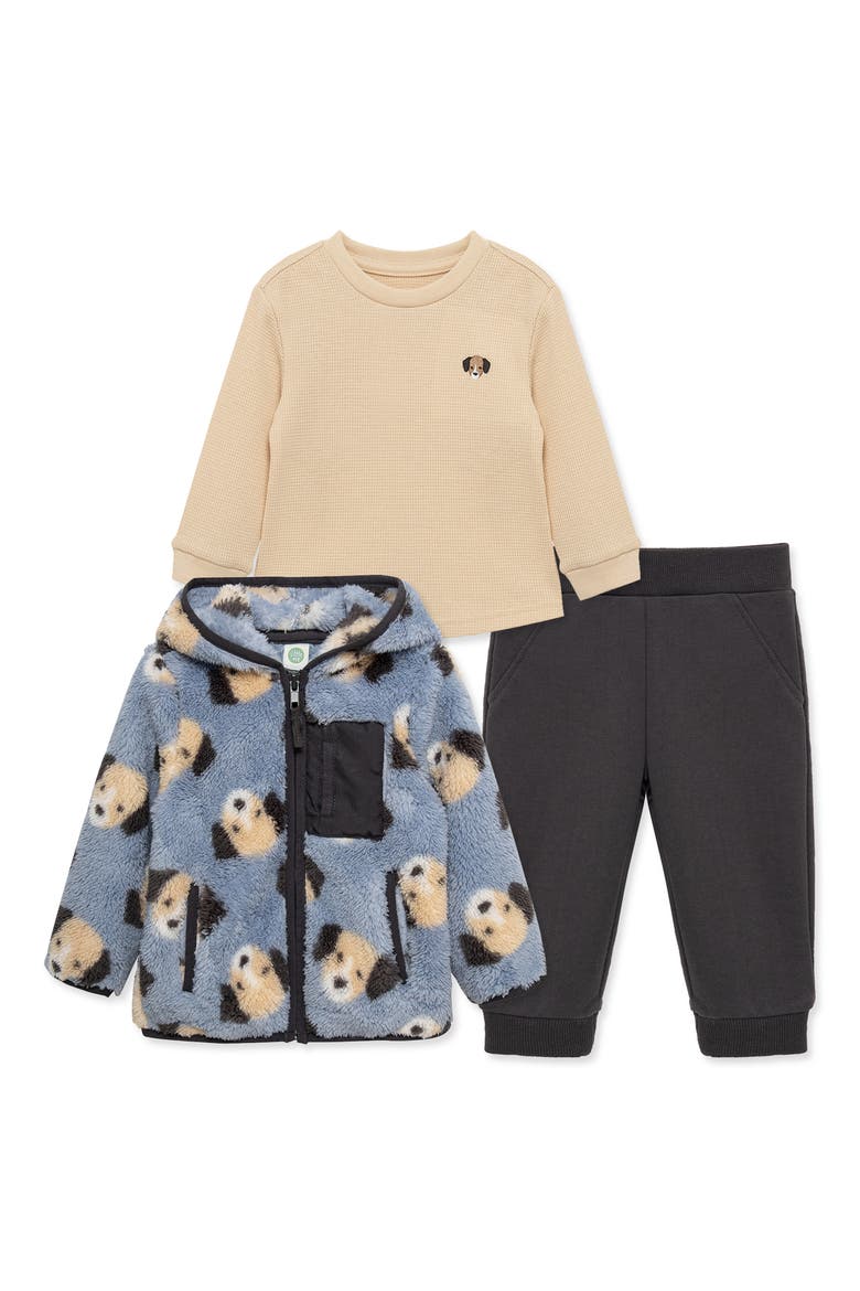 Puppy High Pile Fleece Jacket, T-Shirt & Joggers Set, Main, color, BLUE