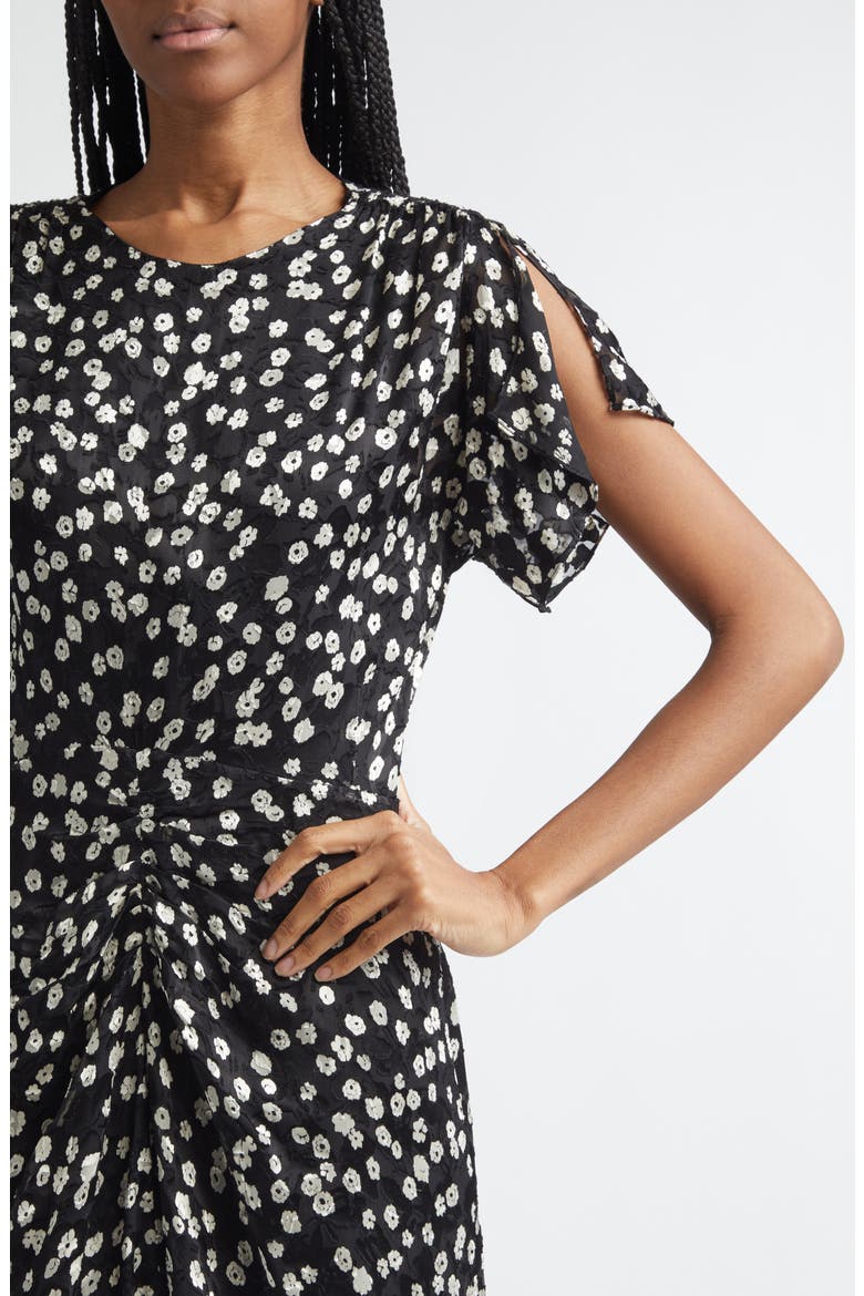Herva Floral Dévoré Georgette Ruched Dress, Alternate, color, BLACK/ ECRU