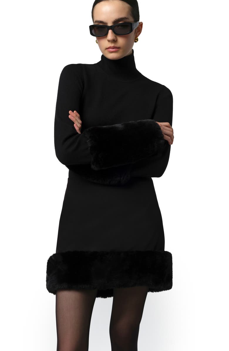 Apparis Meadow Stretch Crepe Miniskirt with Faux Fur Trim, Alternate, color, Noir / Noir