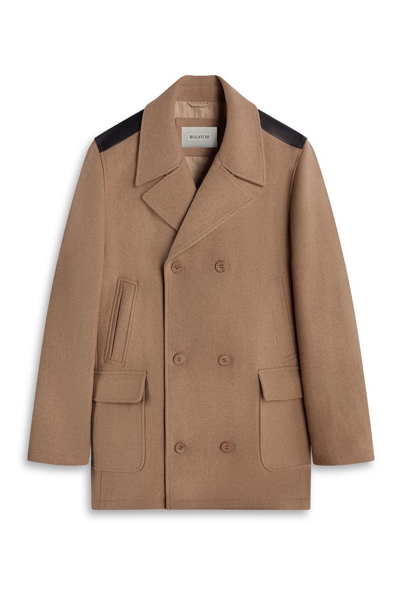 Leather Trim Wool Blend Tweed Peacoat, Alternate, color, CAMEL