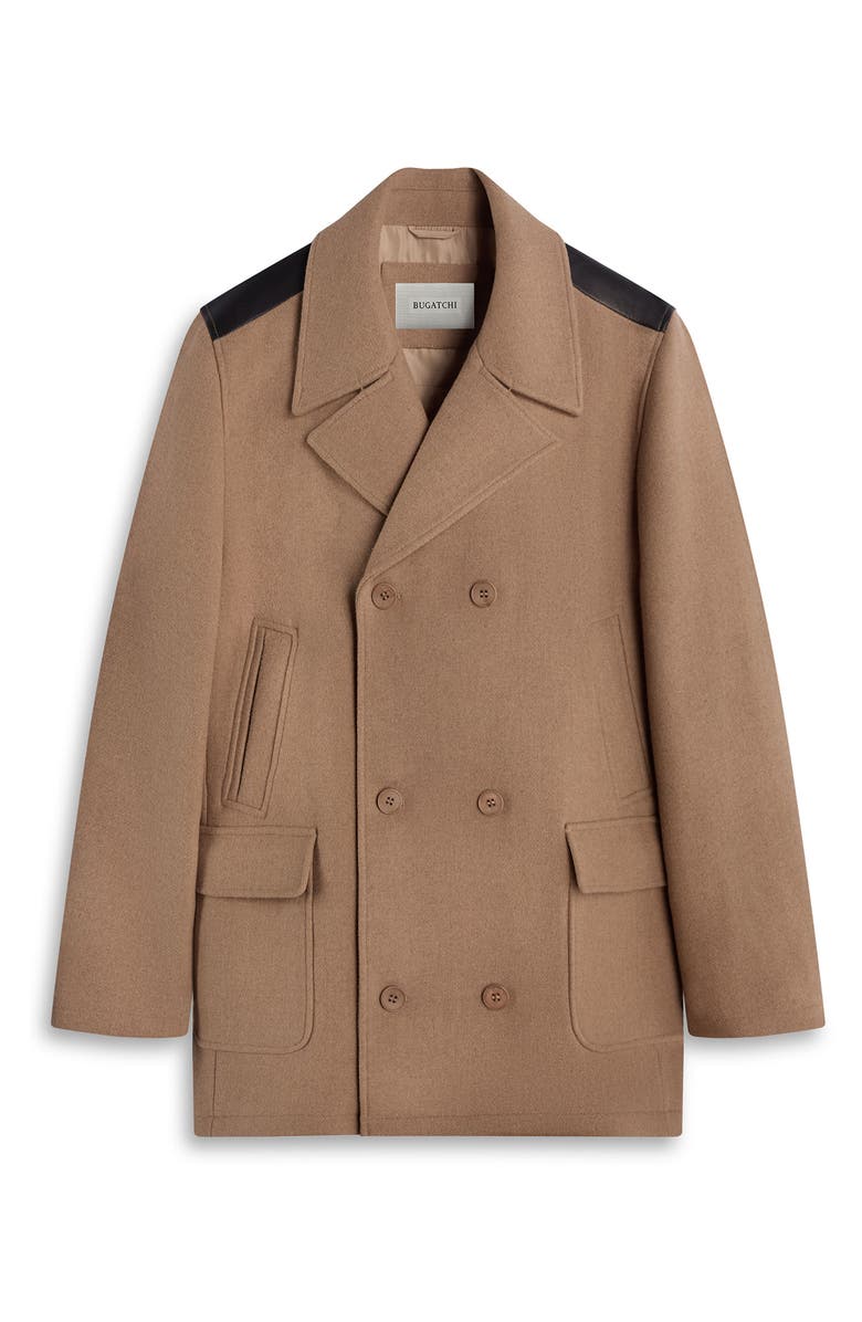 Bugatchi Leather Trim Wool Blend Tweed Peacoat, Alternate, color, Camel