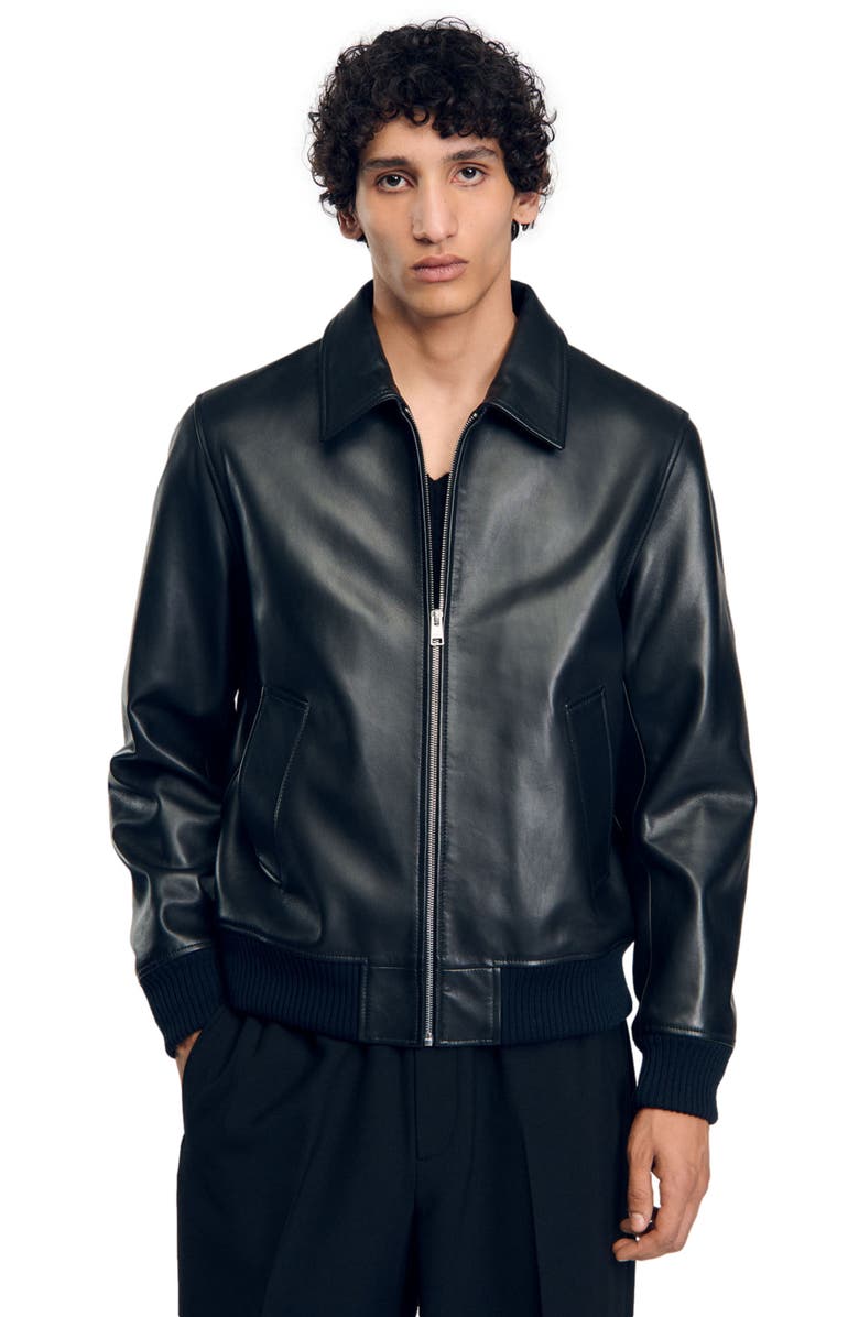 SANDRO Plain leather jacket, Alternate, color, Black