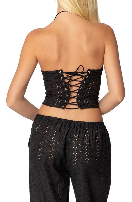 Edikted Lemon Eyelet Lace-up Corset Crop Tube Top In Black