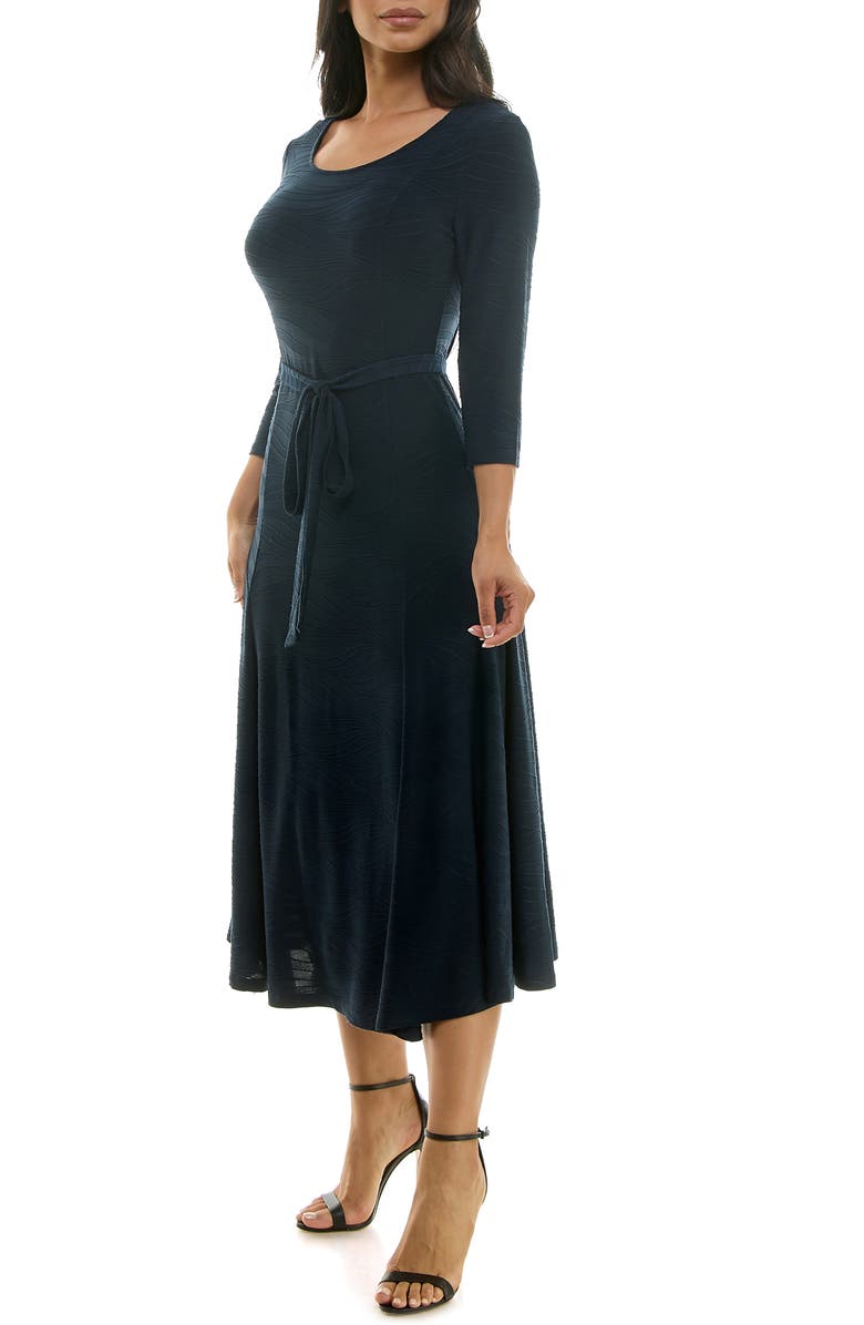 Nina Leonard Sylvia Tie Waist A-Line Midi Dress, Alternate, color, Navy Stitched