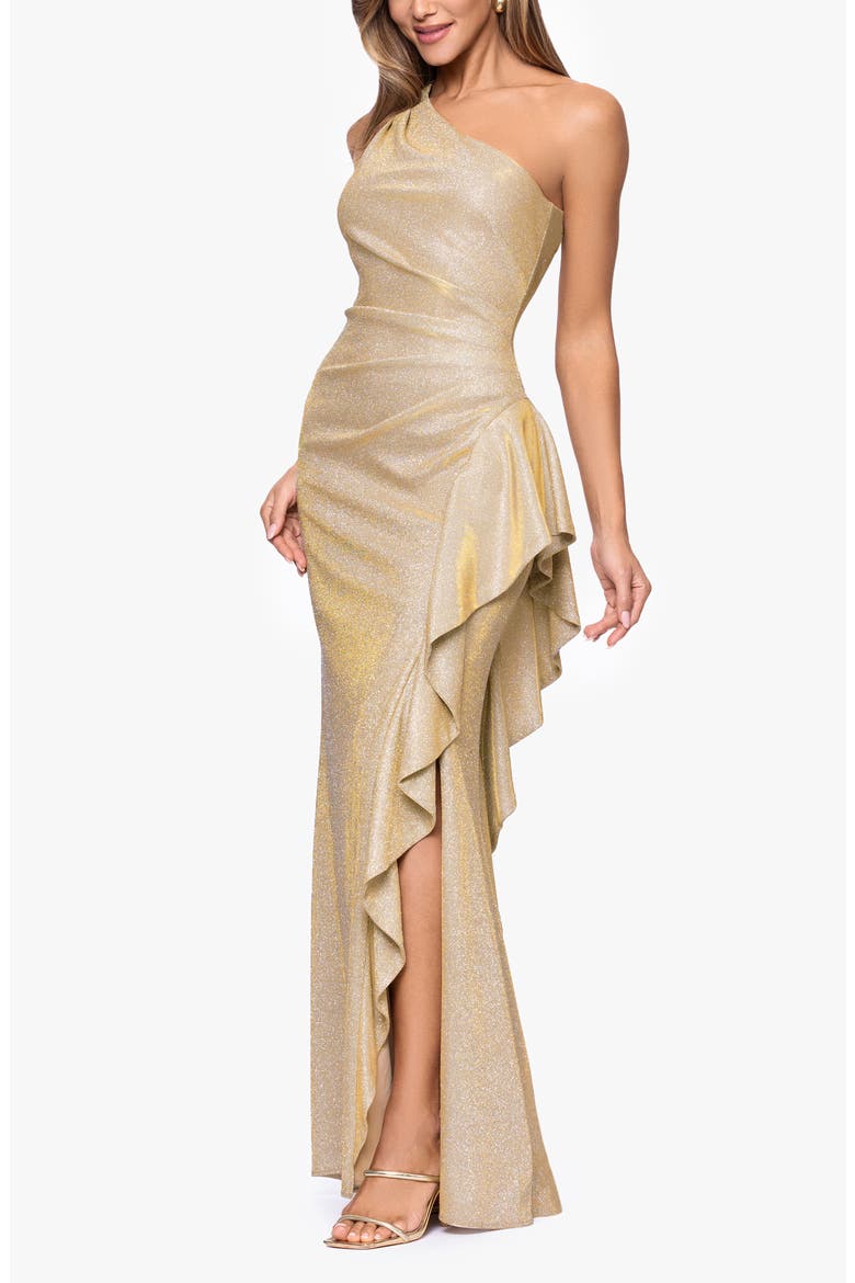 Glitter Galaxy Ruffle One-Shoulder Gown, Alternate, color, GOLD/ SILVER