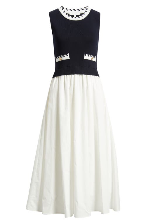 Zoe And Claire Stitch Piping Mixed Media Midi Dress In Blue