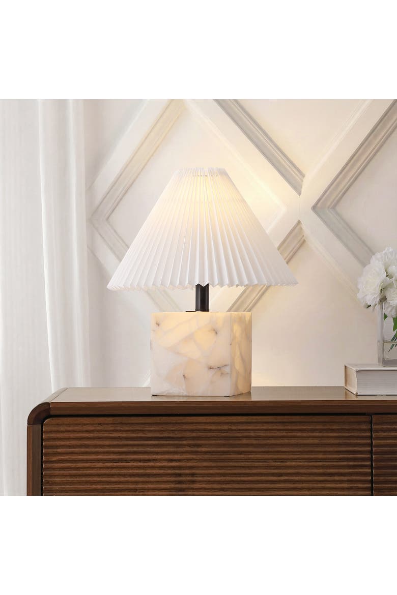 Hermin Contemporary Minimalist Geometric Sculptural Alabaster Cube Metal LED Table Lamp with Nightlight Base and Pleated Shade, Alternate, color, White