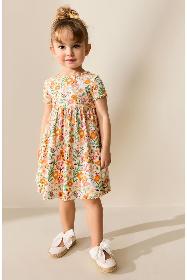 Kids' Floral Print Rib Dress, Alternate, color, ORANGE