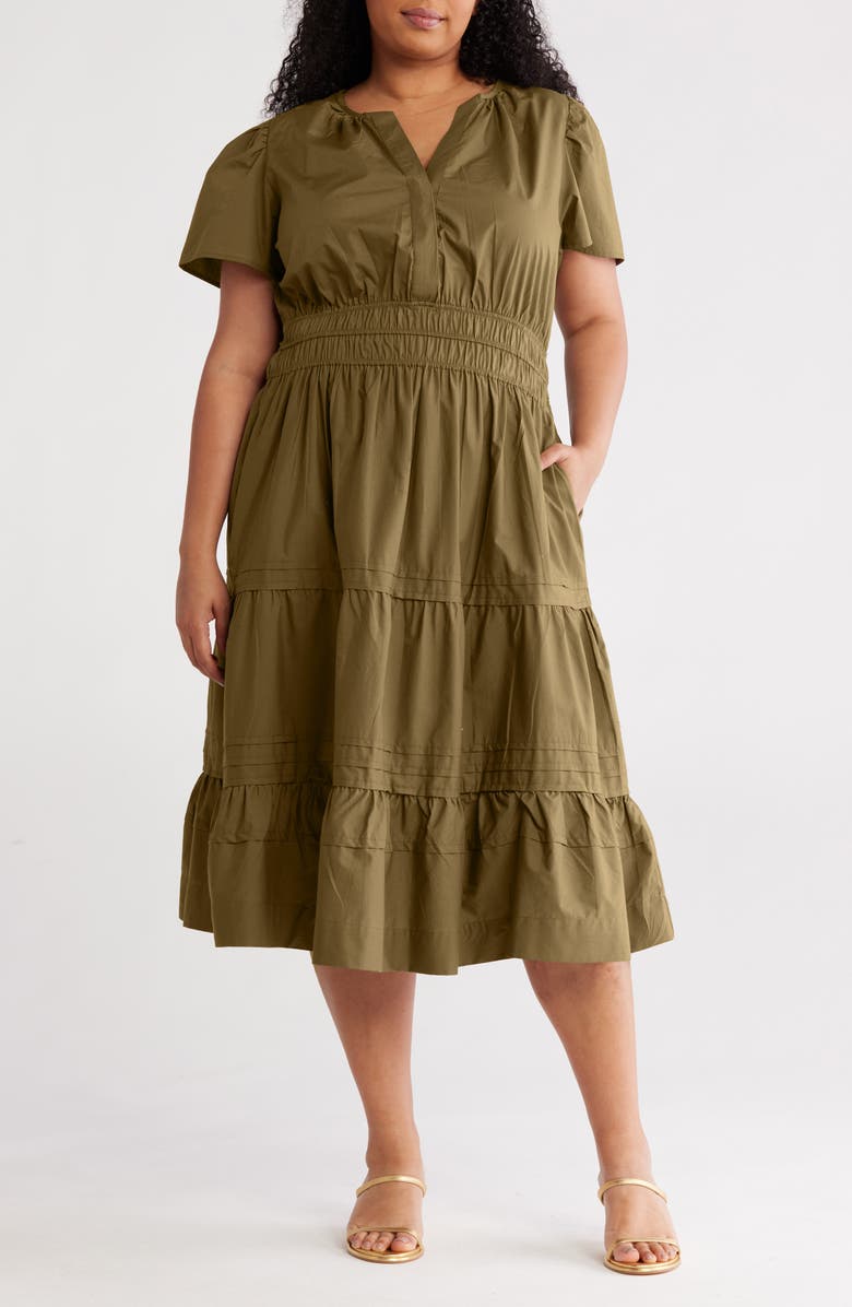 T Tahari Puff Sleeve Tiered Dress, Main, color, Frosty Olive