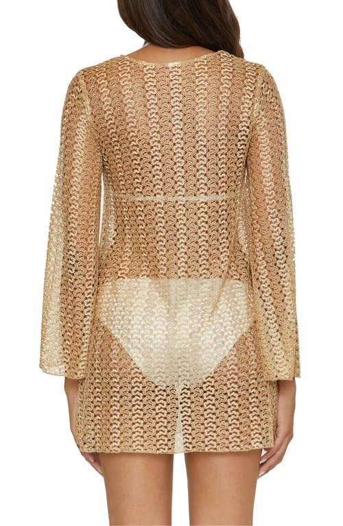 Becca Metallic Long Sleeve Sheer Cover-up Dress In Brown