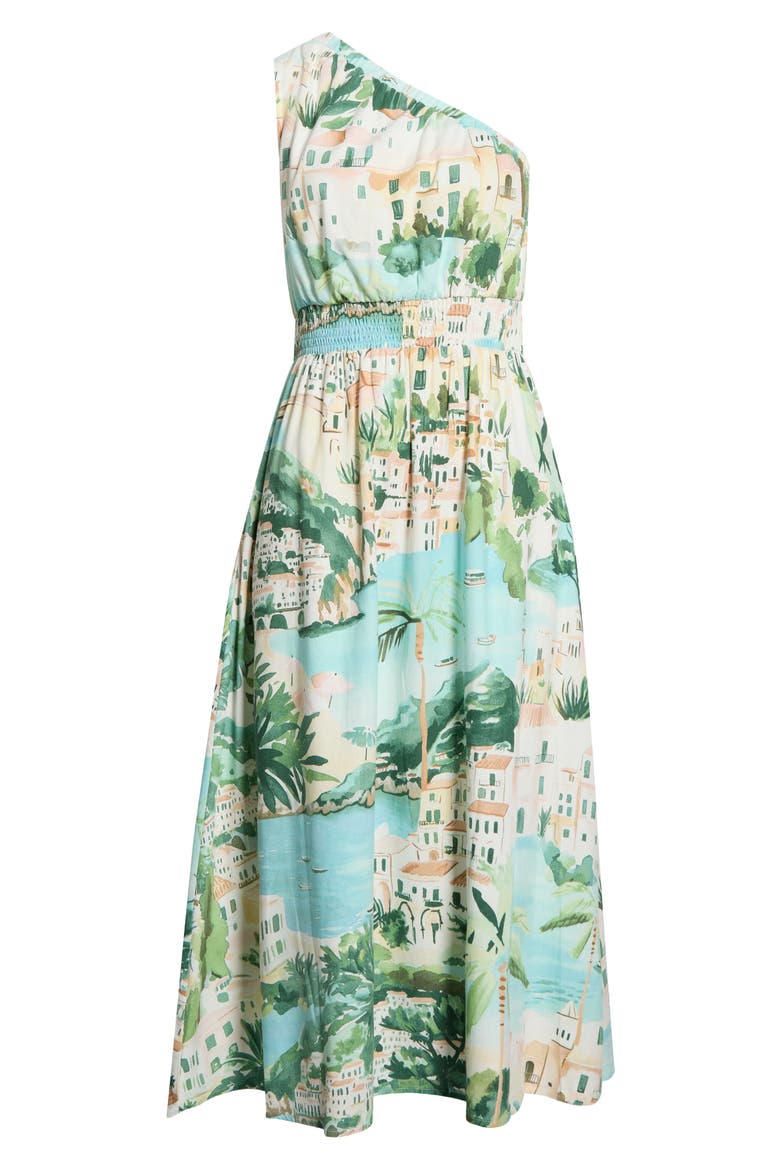 Piti Town Islay Smocked One-Shoulder Midi Dress, Alternate, color, AQUA-MULTI