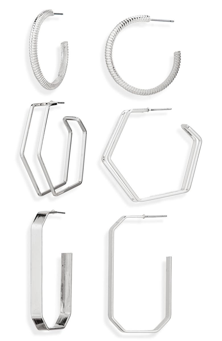 Tasha Set of 3 Assorted Hoop Earrings, Main, color, Silver
